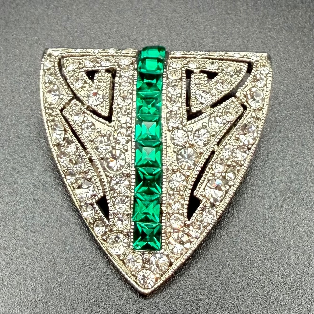 Modern Art Deco Style Shield Brooch Green Invisible Set Rhinestones Signed CN